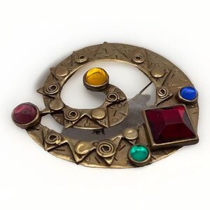 Deborah Roberts Brooch 1980s Handmade Brass Colored Glass Zodiac Signs Vintage